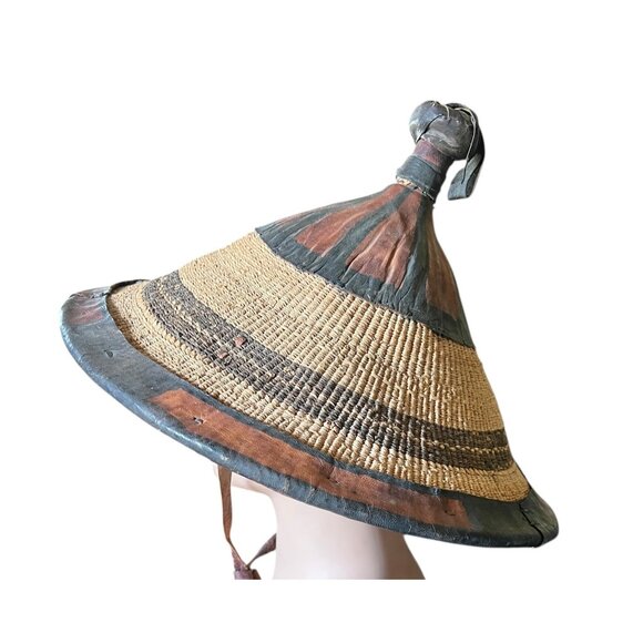 West African Tuareg Fulani Hat Tribal Handmade Leather & Grass Fiber Chin Strap - Picture 2 of 11